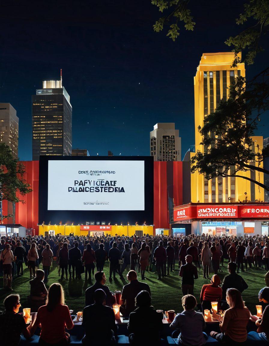 A dynamic scene featuring a film festival marquee illuminated at night, surrounded by a blend of outdoor movie screens showcasing various genres. In the foreground, a diverse group of enthusiastic attendees holding popcorn and smartphones, capturing the experience. In the background, a skyline blending traditional cinema architecture with modern digital billboards displaying online movie releases. The atmosphere is vibrant and bustling. super-realistic. vibrant colors. night setting.