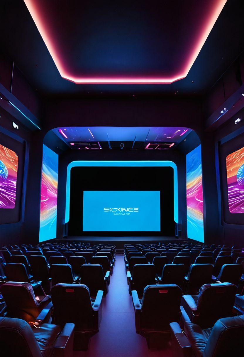 A futuristic cinema hall filled with diverse audiences engaged in a thrilling digital streaming experience. High-tech screens displaying dynamic, colorful film trailers, showcasing popular genres like sci-fi and fantasy. Include digital elements like virtual reality headsets and holographic displays, symbolizing the evolution of film. Emphasize a vibrant atmosphere with neon lights and modern design. All elements should reflect a sense of excitement and innovation in the film industry. vibrant colors. super-realistic.