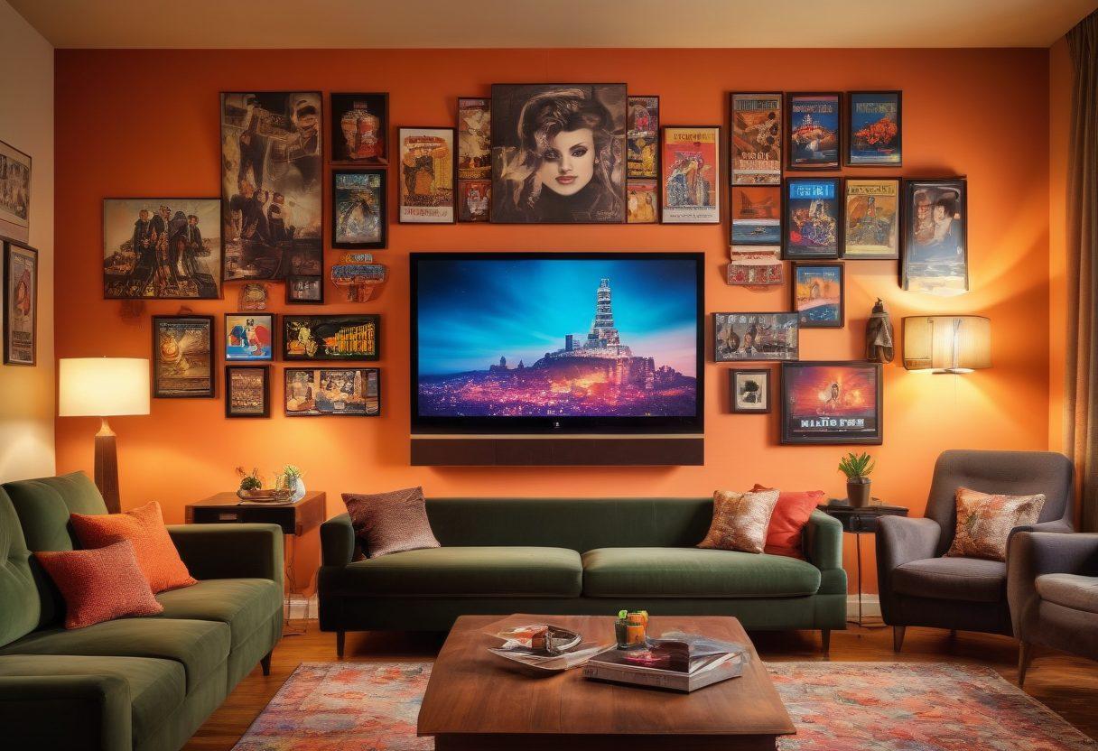 A cozy living room with a large TV displaying a vibrant digital movie scene, surrounded by movie posters on the walls showcasing classic Hollywood films. A comfortable couch with popcorn and snacks, warm lighting to create an inviting atmosphere. A blend of modern technology and homey décor, symbolizing the transition from traditional cinema to home viewing. super-realistic. vibrant colors. cozy ambiance.